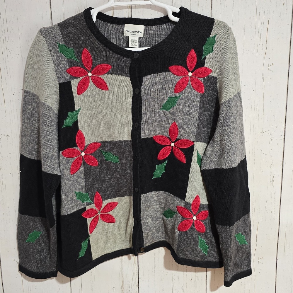 Breckenridge Woman Poinsettia Cardigan Sweater Women 3X Grey Black Holiday Retro